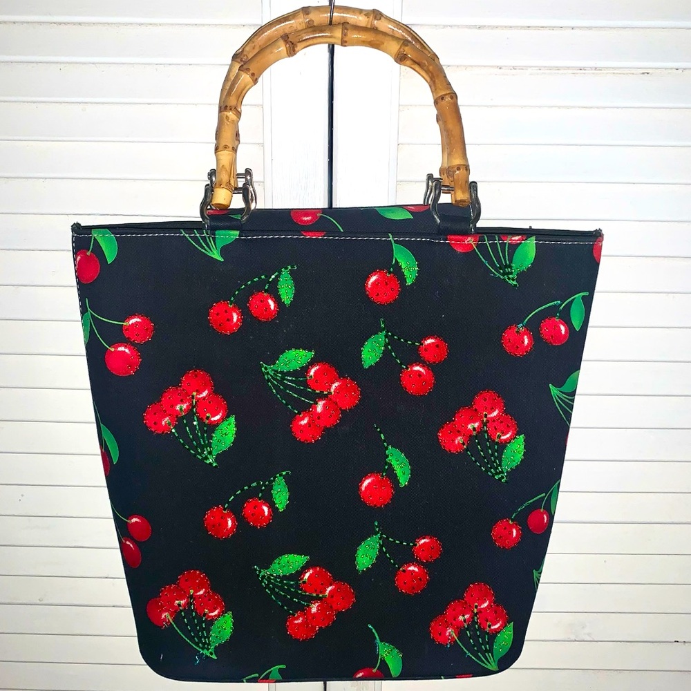 Cherry Red and black bucket purse with bamboo handles 11”X13”